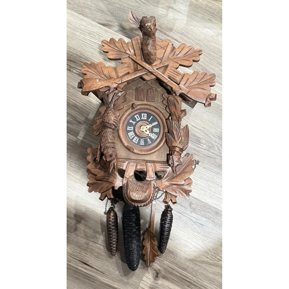 Vintage German Cuckoo Clock Black‎ Forest Carved Deer Hunter Rifles Wood Flaws